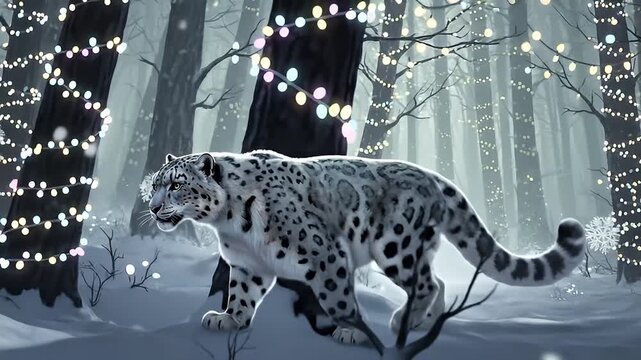 Majestic Snow Leopard Walks Through Enchanted Winter Forest Adorned with Twinkling Lights and Snowflakes