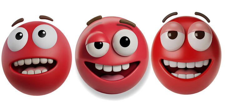 Set red colour happy face emoji on transparent background.