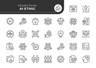 AI ethic line icon set. Artificial intelligence, ethical dilemma, data privacy, fairness, explainable AI, deepfake, bias detection and more. Outline icon in linear style. Vector collection.