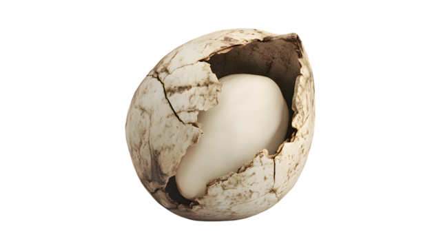Cracked egg shell close up macro shot with white egg inside for easter spring time season concept art on transparent background