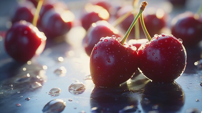 Fresh cherries with droplets on table - Powered by Adobe