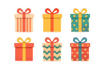 Collection of colorful wrapped gift boxes with bows and various patterns for celebration
