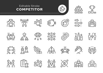 Competitor line icon set. Competition, opponent, market leader, strength, advantage, tournament, challenger, tug-of-war and more. Outline icon in linear style. Vector collection.
