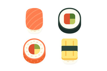 Stylized collection of four popular Japanese sushi pieces including salmon nigiri and maki rolls © icon_art