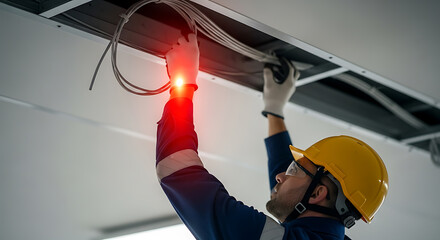 Electrician installing electrical cables in a suspended ceiling. Professional worker with hard hat and gloves performs wiring during construction.