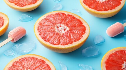 Refreshing Red Grapefruit with Ice Cream on Soft Blue