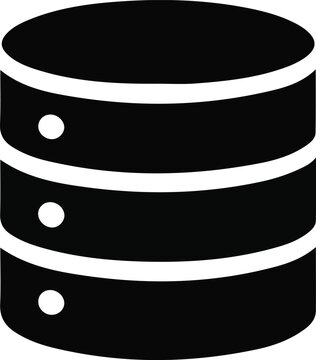Database server icon in black silhouette, Black silhouette icon representing a database or data storage server, commonly used in technology, computing, and network interface designs.

