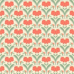 Elegant floral pattern with peach flowers and green leaves arranged symmetrically on a light yellow background for decorative design use