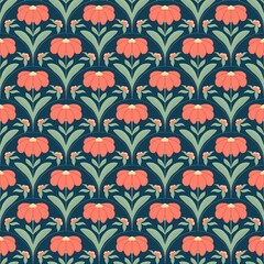 Floral pattern design featuring peach flowers and green leaves on a navy blue background 