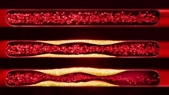 Artery clogged by unhealthy junk food, sugary drinks, and alcohol, illustrating serious cardiovascular risks, atherosclerosis, and heart disease problems in human blood vessels. 3D rendering.
