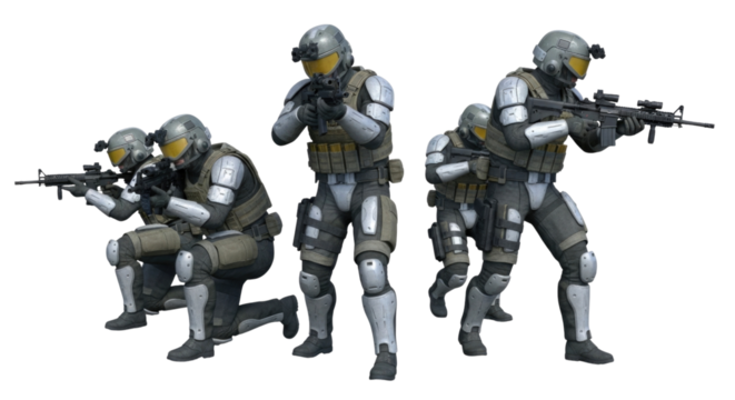 Five futuristic soldiers with rifles isolated on transparent background