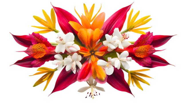 Vibrant floral arrangement featuring red, yellow, orange, and white flowers on a transparent background