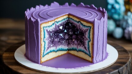 Spectacular geode cake with vibrant purple frosting and crystal candy interior