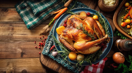 A mouth - watering roasted turkey, the centerpiece of Thanksgiving, surrounded by fresh parsley, juicy cranberries, and other festive side - dishes on a rustic wooden table.