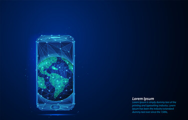 Fototapeta premium Low-poly wireframe smartphone with an earth polygonal network. Earth emerging from the screen, global world connectivity, communication, and mobile technology on a dark futuristic background.