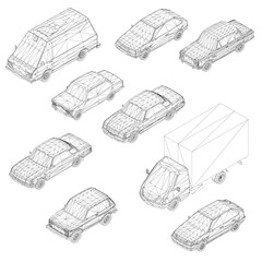 Low poly cars in a grid arrangement feature unique designs and a gradient of light to dark colors. The wireframe details are clearly visible against the white background. Isometric view