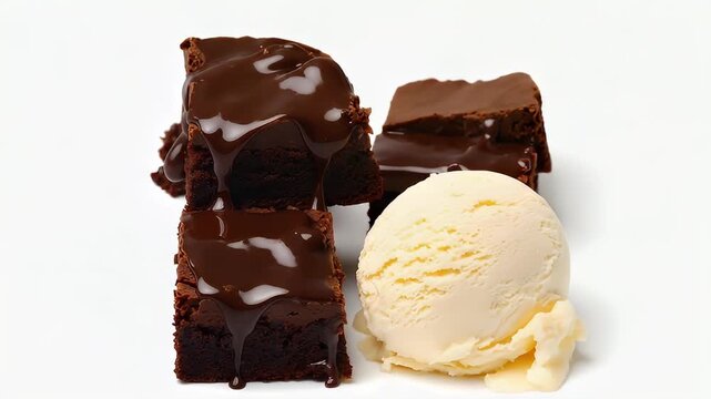 A close-up, appetizing shot showcases several rich, dark chocolate brownie squares generously covered with a glistening, decadent chocolate sauce that slowly drips down the sides. Beside the warm, fud