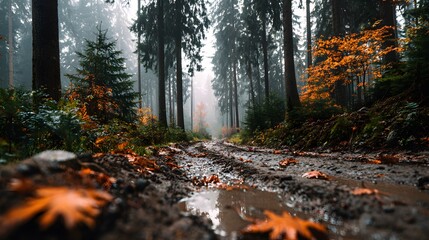 Low-angle atmospheric shot captures a muddy track through a dense autumn forest with fallen leaves, as a gentle morning fog drifts past trees.