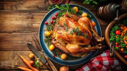 A mouth - watering roasted turkey, the centerpiece of Thanksgiving, surrounded by fresh parsley, juicy cranberries, and other festive side - dishes on a rustic wooden table.