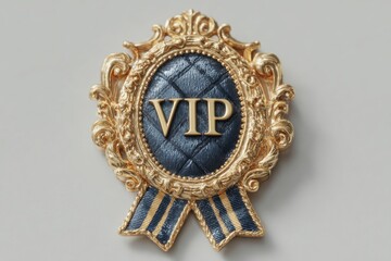 Gold v.i.p. emblem on blue ribbon; symbolic representation of prestige and exclusivity