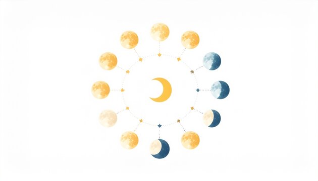 Artistic watercolor illustration of the lunar cycle showing the different phases of the moon arranged in a circular pattern.
