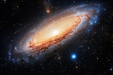 Spiral galaxy with luminous center in deep space. AI image