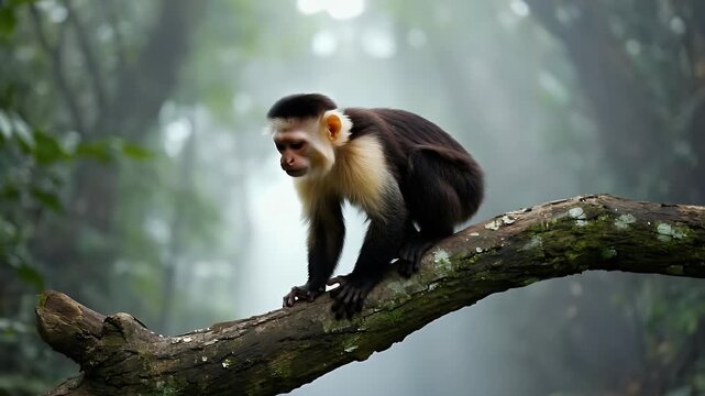 A curious primate with distinct black and white facial markings is perched attentively on a moss-covered tree branch, surveying its verdant surroundings. The misty forest background adds an atmospheri