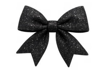 Black glitter bow with sparkly details, perfect for holiday, gift wrapping, accessories, or celebratory promotions. Transparent background