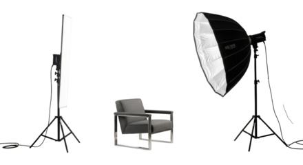 Studio setup with chair and lighting isolated on transparent background