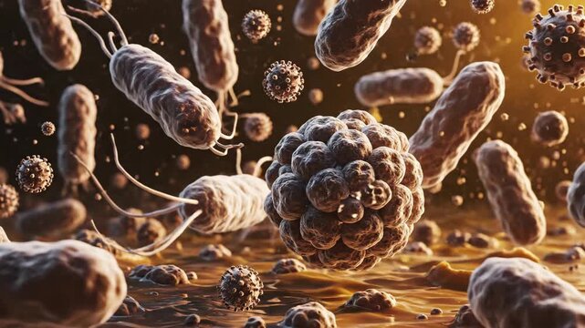 Thriving Microbial Ecosystem: Detailed 3D rendering of diverse bacteria and viruses, bacilli, cocci, and complex viral particles in a biological environment.