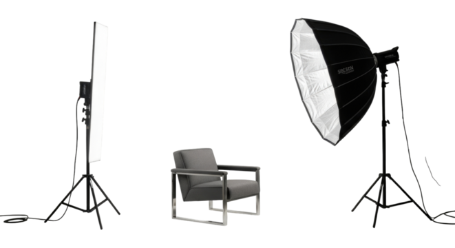 Studio setup with chair and lighting isolated on transparent background