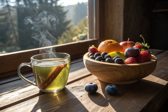 Lemon tea with cinnamon stick, still life with apples and juice