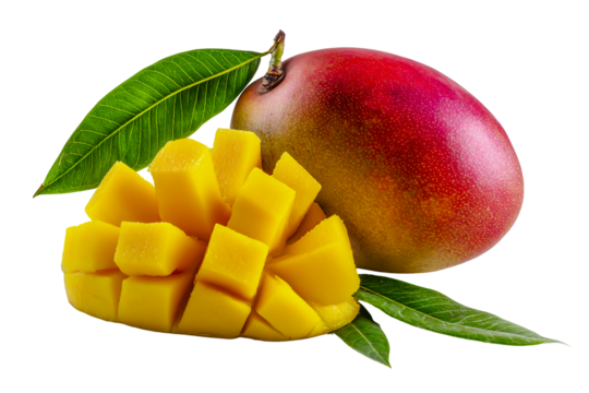 Ripe red mango fruit with sliced cubes and green leaves isolated on transparent background