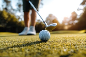 Golfer preparing swing on lush green course at sunset. AI image