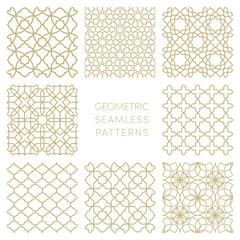 Oriental style golden seamless pattern set. Vector gold foil ornament on white background. Islamic traditional gradient texture collection for backgrounds, wallpapers, textile patterns, decoration.