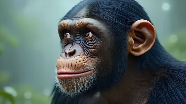 A detailed close-up portrait of a mature chimpanzee, showcasing its expressive and deeply wrinkled face. The primate features intelligent, observant brown eyes and distinct ears, with dark, textured f
