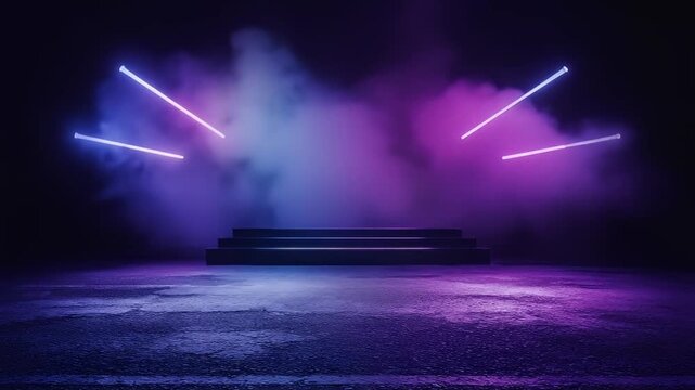 A dramatic, empty stage setup is brilliantly illuminated by an array of vibrant neon tube lights in striking shades of electric blue and magenta. Thick, ethereal fog billows around the central multi-t