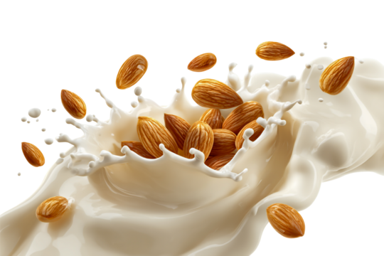 Almonds splashing into creamy white liquid creating dynamic motion isolated on transparent background