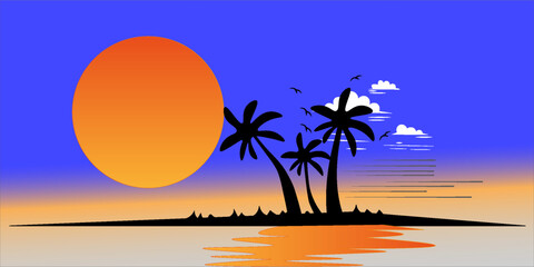 Scenery beach at sunset with sun and palm silhouette vector.