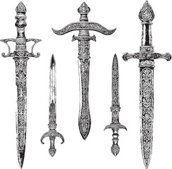 Intricate sword collection with medieval designs, perfect for historical illustrations, fantasy games, or adding a touch of warrior elegance to your creative projects © Stockholm19