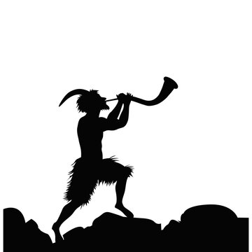 Satyr Silhouette Blowing Horn on Rocks. Mythological Creature