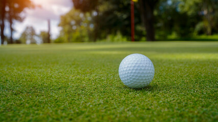 Golf ball is on a green lawn in a beautiful golf course with morning sunshine.