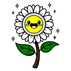 An adorable cartoon daisy character with a happy smiling face crying tears of joy. Cute kawaii flower illustration with sparkles isolated on a white background