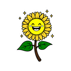 Cheerful cartoon sunflower illustration, brightly smiling and radiating pure happiness, a vibrant emblem of sunny optimism and natural joy