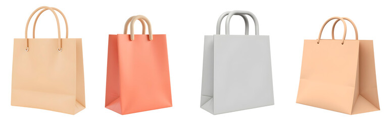 Set of four minimalist shopping bags in beige coral and gray colors with handles 3D render transparent png 