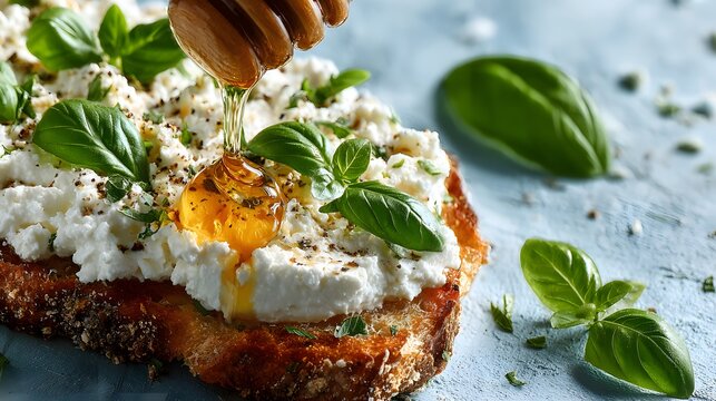 Minimalist top-down flat lay of rustic flatbread with creamy ricotta cheese, artistic basil leaves, and a delicate drizzle of golden honey.