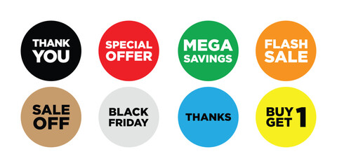 Colorful Sale and Promotion Circle Labels Vector Set. Flash Sale and Special Offer Badges Marketing Vector Design