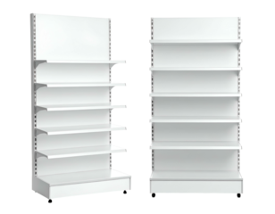 Two empty white retail shelving units with multiple shelves