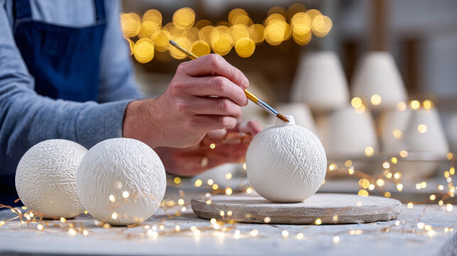 Artisan craftsman carefully painting decorative white spheres with intricate textures, surrounded by soft glowing lights, creating a warm and inviting atmosphere for holiday decor