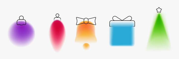 Christmas tree, bell, gift box, glass toys. Holiday elements in minimalistic blurred or gradient style. Festive decoration for branding banner, card, poster. Vector illustration.